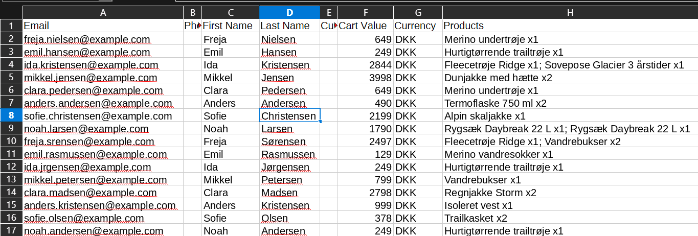 En eksporteret retargetingliste fra CartSpy åbnet i et regneark: e-mail, navn, kurvens værdi, valuta og produkter for hver forladt indkøbskurv