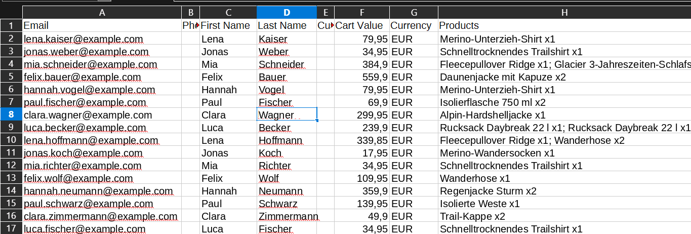 Eine exportierte CartSpy-Retargeting-Liste in einer Tabelle: E-Mail, Name, Warenkorbwert, Währung und Produkte für jeden abgebrochenen Warenkorb