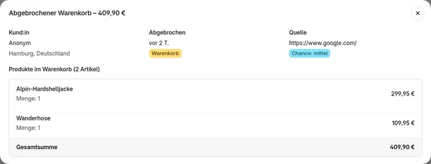 Ein abgebrochener Warenkorb in CartSpy: ein:e anonyme:r Kund:in aus Ashburn, Virginia, ist in der Warenkorb-Phase abgesprungen – mit einer Alpine Shell Jacket und Field Hiking Trousers, 440 $, über Google