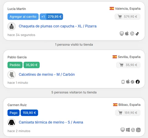 Vista en tiempo real de CartSpy: un producto agregado al carrito desde TikTok, un pedido desde Facebook y una llegada a la pantalla de pago desde Instagram, cada uno con el producto, la ciudad, el dispositivo y el navegador