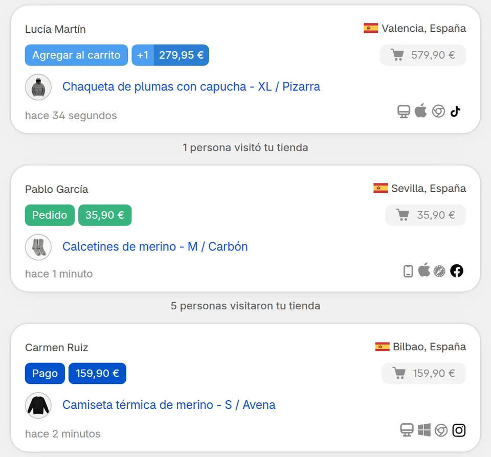 Tres tarjetas de la Vista en tiempo real: un agregado al carrito, un pedido y una llegada al pago, cada una con el nombre del cliente o la IP enmascarada y la ciudad, el producto y la variante, el valor del carrito, e íconos de dispositivo, navegador y fuente de tráfico