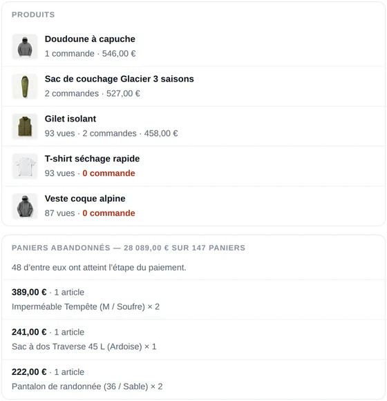 Extrait de l’e-mail quotidien de CartSpy pour la boutique de démonstration : produits avec leurs vues et commandes, et paniers abandonnés d’une valeur de 30 364 $US sur 147 paniers, dont 48 ont atteint le paiement, avec les articles de chacun