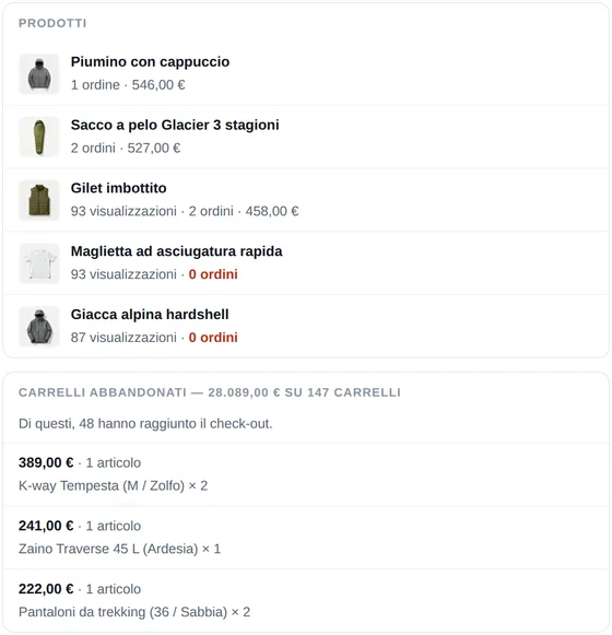 Più in basso nell'email giornaliera di CartSpy: prodotti con visualizzazioni e ordini, alcuni contrassegnati senza ordini, e carrelli abbandonati, 30.364 USD su 147 carrelli, di cui 48 arrivati al check-out, con i carrelli di maggior valore e i relativi articoli
