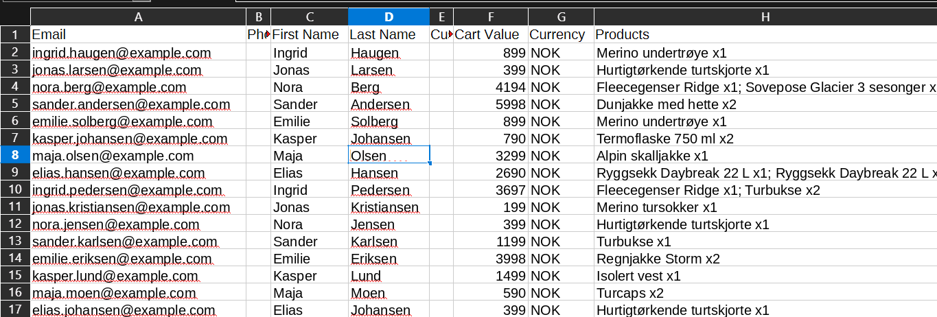 En eksportert retargeting-liste fra CartSpy åpnet i et regneark: e-post, navn, handlekurvverdi, valuta og produkter for hver forlatte handlekurv