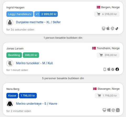 Kort i visningen «Se live» i CartSpy: hver kundes handling, produkt, by, enhet, operativsystem, nettleser og trafikkilde, med antall besøkende mellom kortene