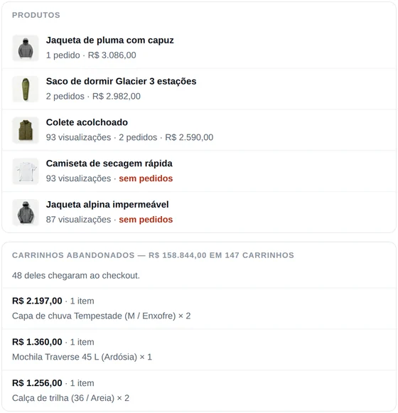 Parte do e-mail diário do CartSpy da loja de demonstração: produtos com suas visualizações e pedidos, e carrinhos abandonados no valor de US$ 30.364 em 147 carrinhos, 48 dos quais chegaram ao checkout, com os itens de cada um