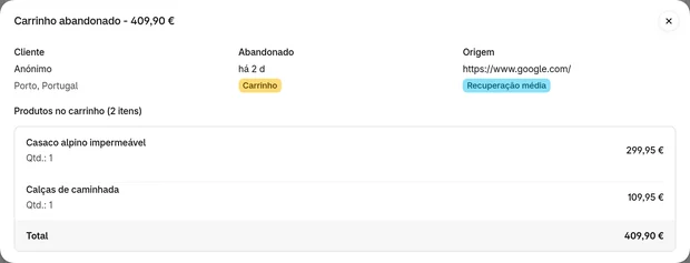 Um carrinho abandonado aberto: um carrinho de 440 US$ deixado na etapa do carrinho por um cliente de Ashburn, Virgínia, vindo do Google, com um Alpine Shell Jacket e umas Field Hiking Trousers