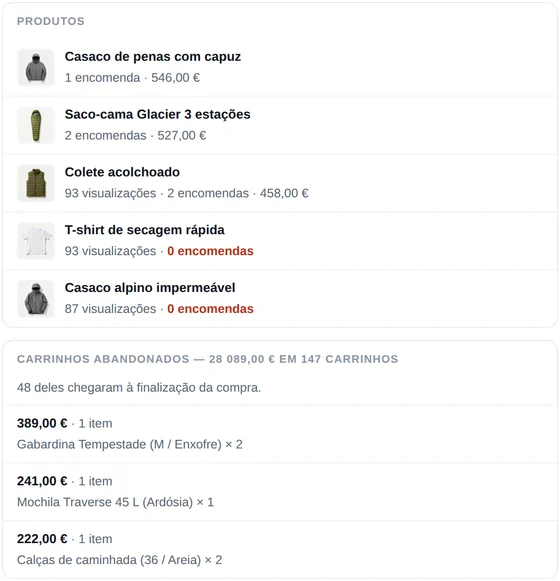 Parte do e-mail diário do CartSpy para a loja de demonstração: produtos com as suas visualizações e encomendas, e carrinhos abandonados no valor de 30 364 US$ em 147 carrinhos, 48 dos quais chegaram à finalização da compra, com os artigos de cada um